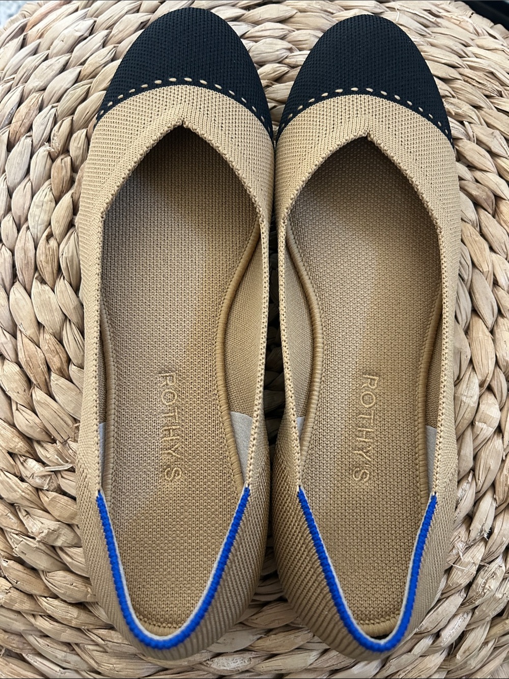 Rothy's Tan Flats with Black Cap Toe and Blue Trim